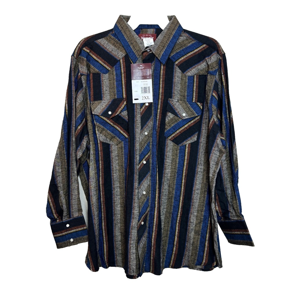 NWT Vintage Flannel Wrangler Western Wear Pearl‎ Snap Shirt Size 2XL Big Striped